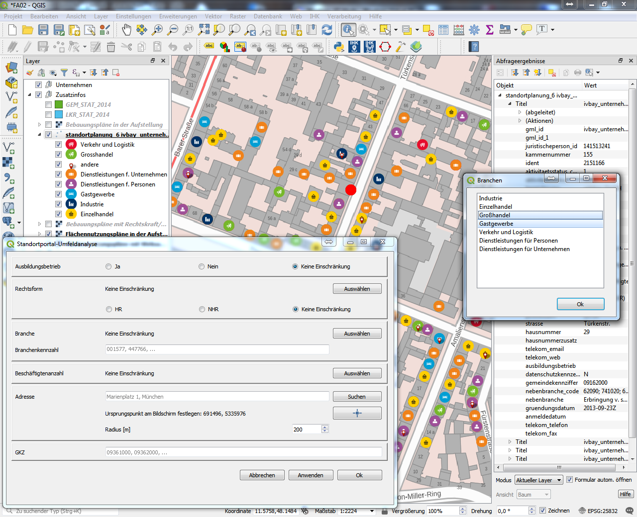 QGIS3 mit Dialog zur Standort-Umfeldanalyse 