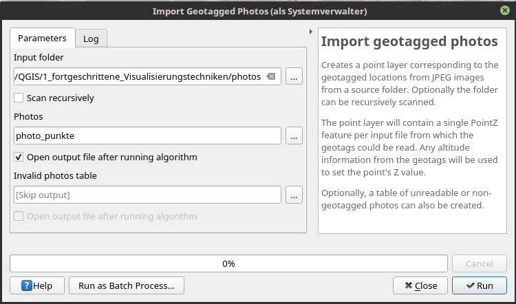 Modulkonfiguration "Import Geotagged Photos" in QGIS3